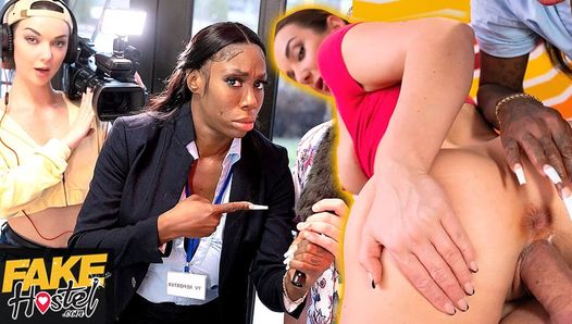 Fake Hostel – Female News Reporters looking for scandal get filthy in front of the cameras!