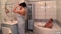 Busty lovers can’t wait to see Shione Cooper suck & fuck his big cock in the tub
