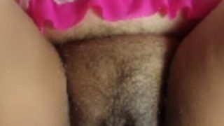 Do You Like My Pink Nighty? My Hairy Pussy Fills up My Panty Crotch Nicely! Touch It!