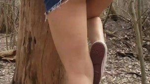 Blonde with big breasts goes into the woods to masturbate