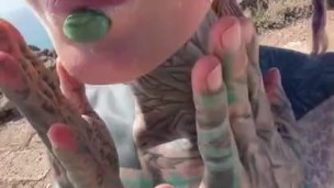 Happy hippie girl having a big cumshot load in her face after getting hard anal fucked in puplic