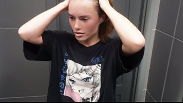 After the gym, in the shower: a brunette with small breasts sucks and gives herself doggy style.